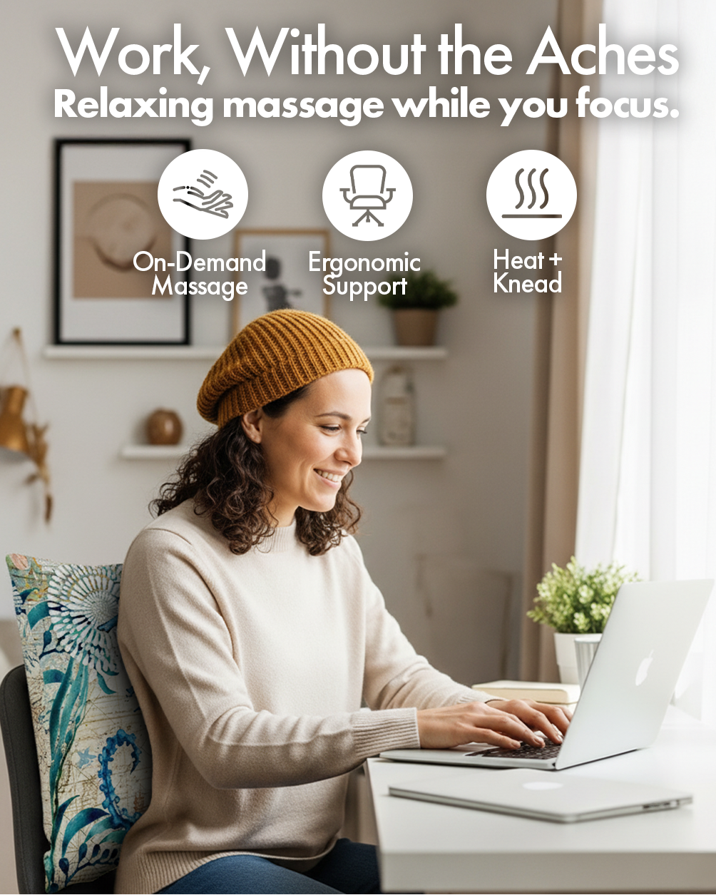 Woman using a massage chair with text highlighting features like on-demand massage, ergonomic support, and heat kneading.