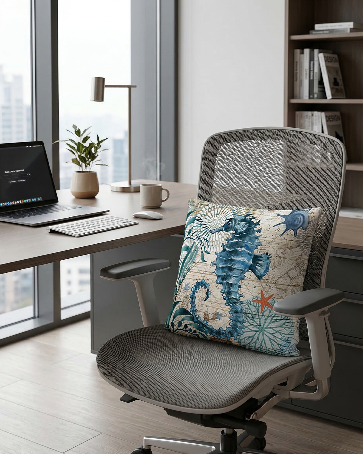Gray office chair with a massage pillow featuring seahorses in an office setting.