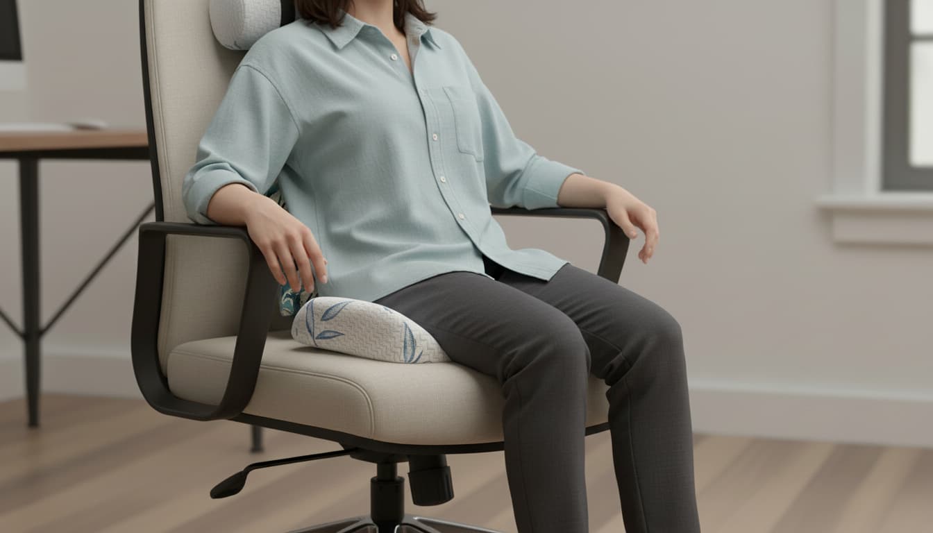 A person sitting on a chair with a cushion, in an office.