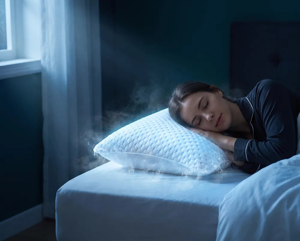 Woman sleeping on a cooling bamboo pillow at night