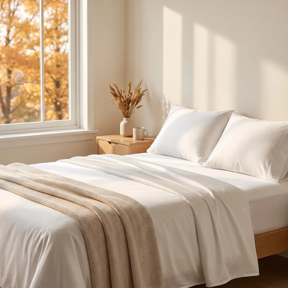 Bamboo bedding in a sunlit bedroom on an autumn morning