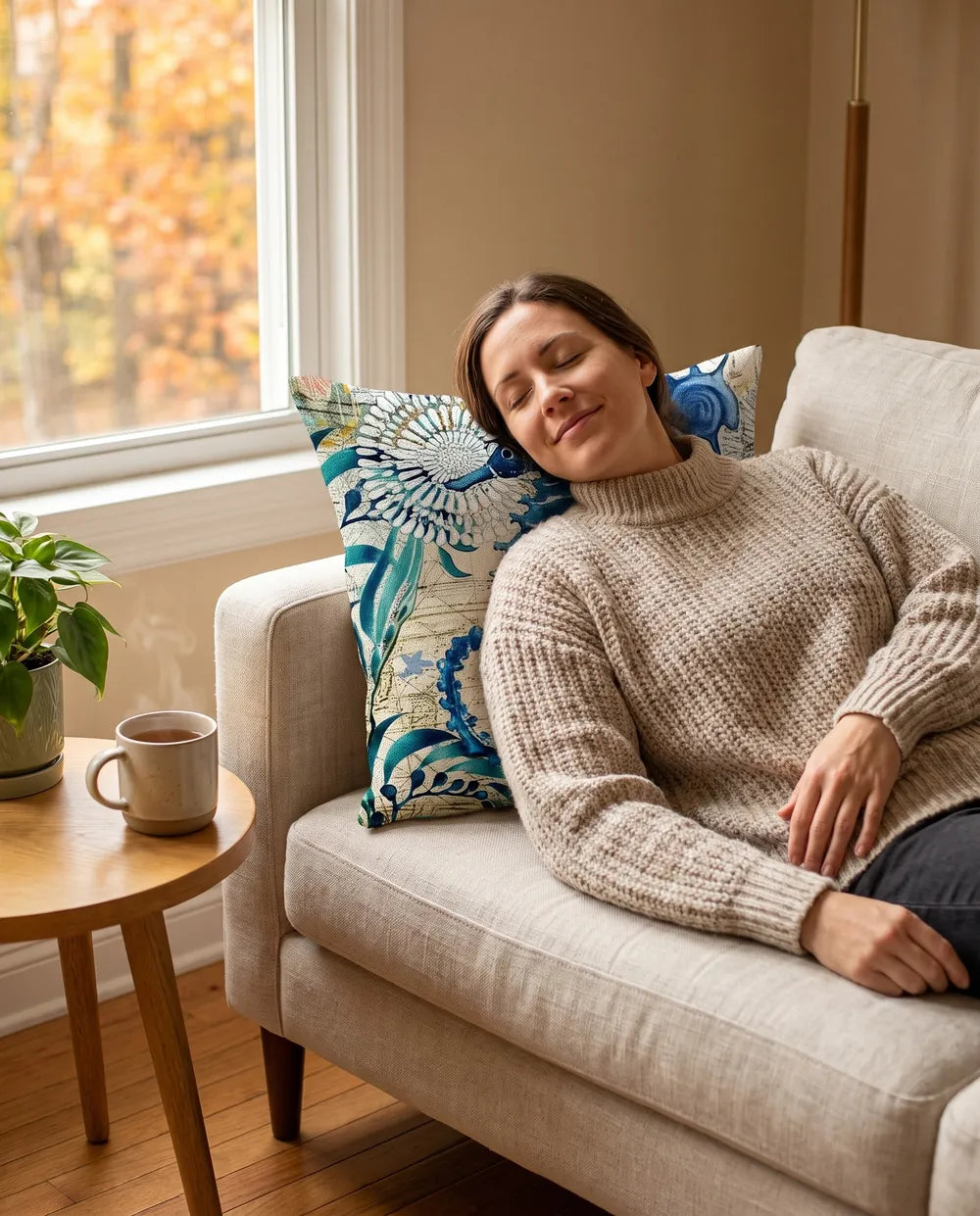 Woman relaxing against the bamboo massage pillow in an autumn living room