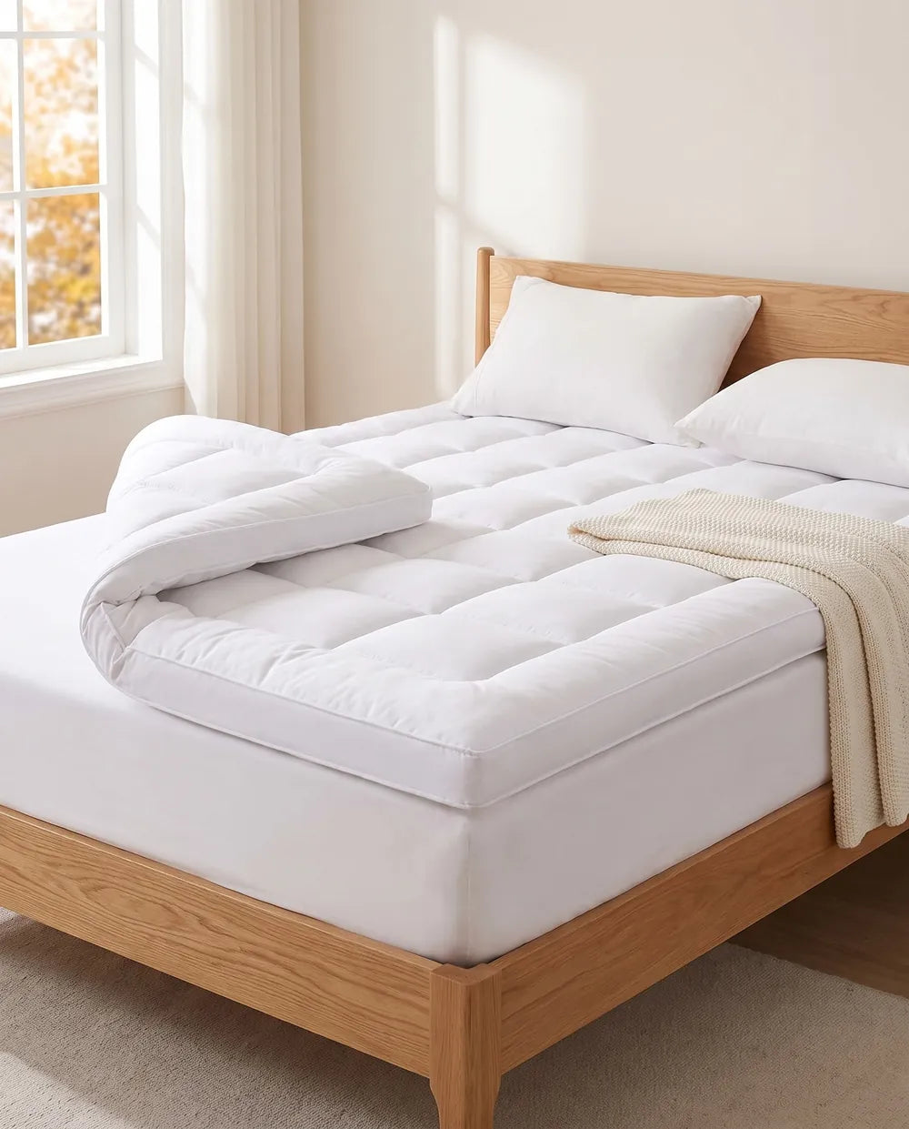 Quilted bamboo mattress topper on a wooden bed