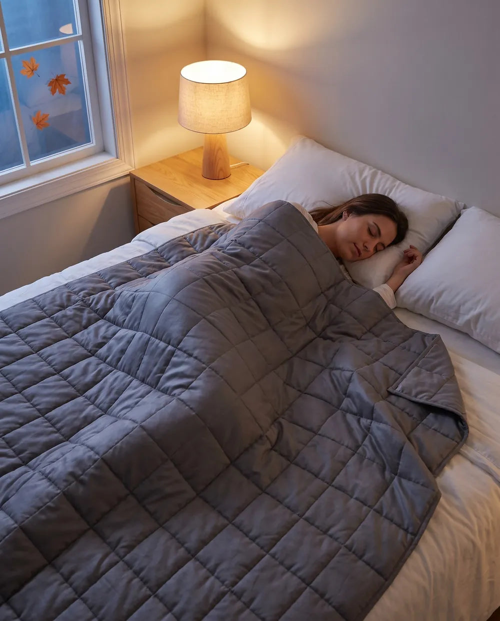 Person sleeping under a grey weighted blanket on an autumn evening