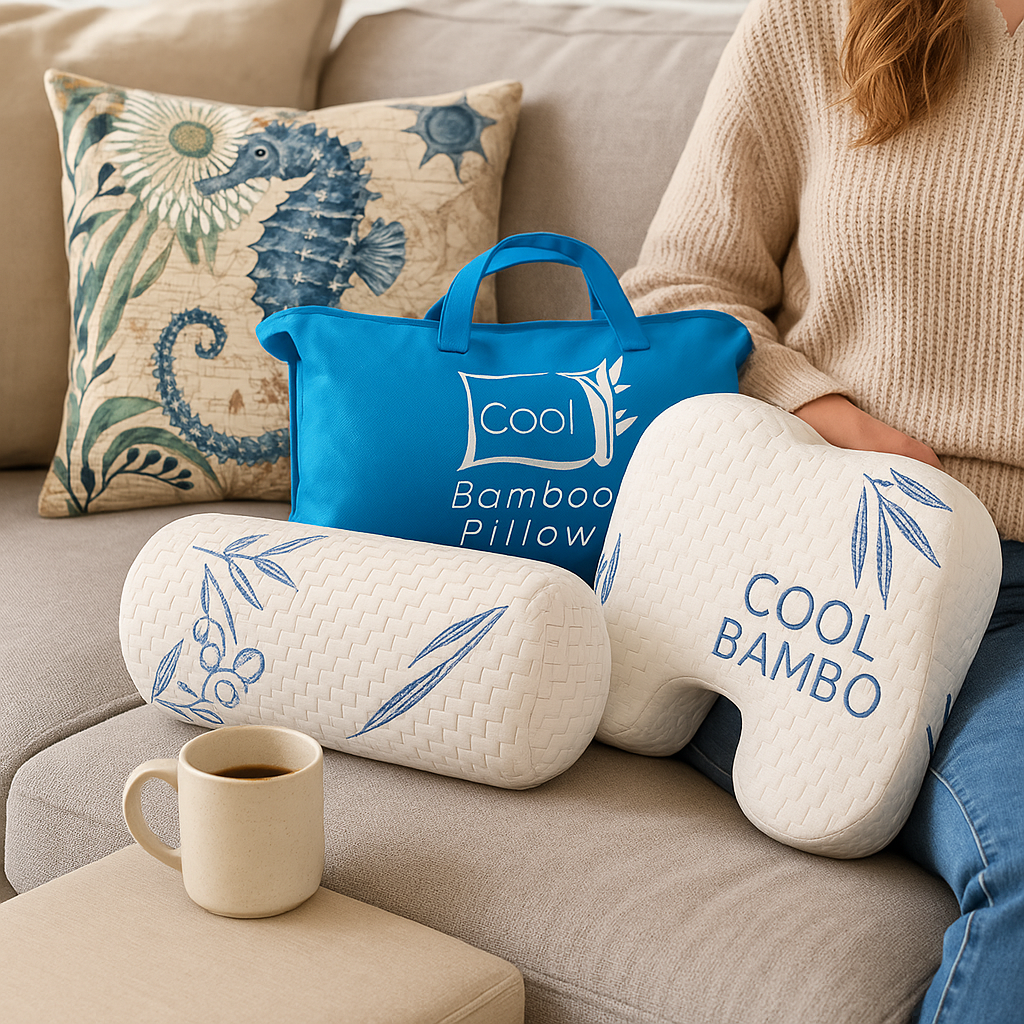 Office chair pillow set unboxed displaying bamboo memory foam lumbar cushion, ergonomic seat pad and cervical neck support roll on white background